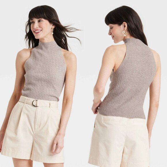 Small - Womens Cable Mock Turtleneck Pullover Sweater - A New Day - Taupe - Picture 1 of 7